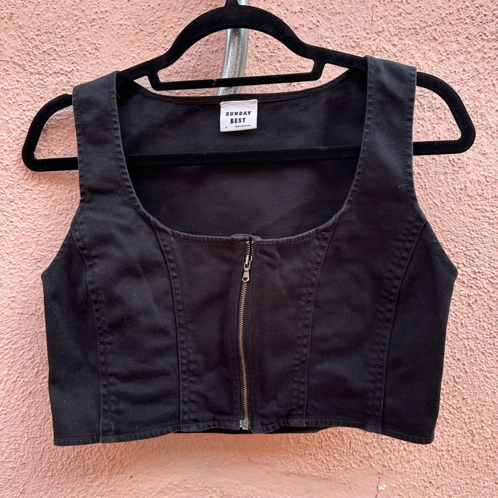 Sunday Best Black Denim Zip-Up Cropped Tank
